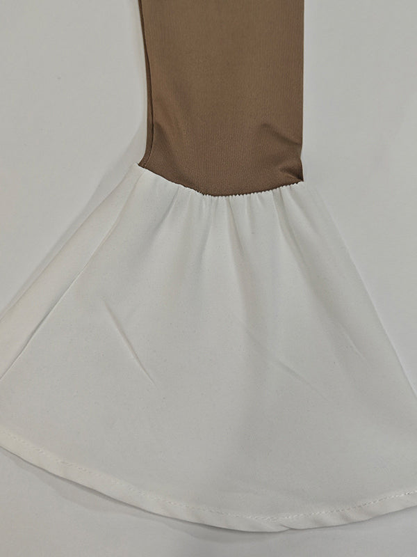 Contrast Color Pleated Split-Joint A-Line Flared Sleeves Round-Neck Mini Dresses