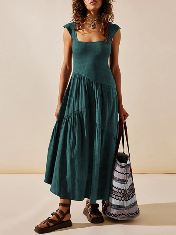 Backless Elasticity Lace-Up Pleated Solid Color Split-Joint Loose Sleeveless Square-Neck Maxi Dresses
