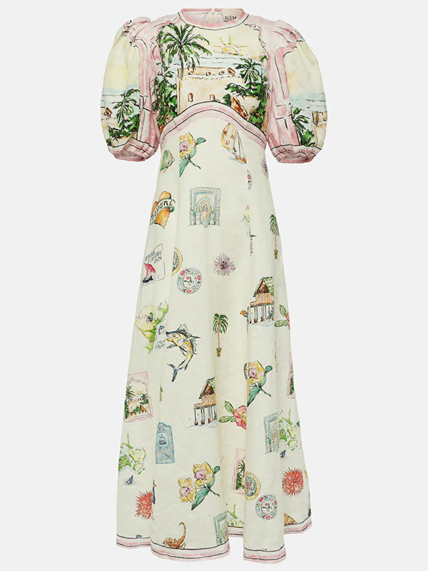 Puff Sleeves Short Sleeves Flower Print Round-Neck Maxi Dresse