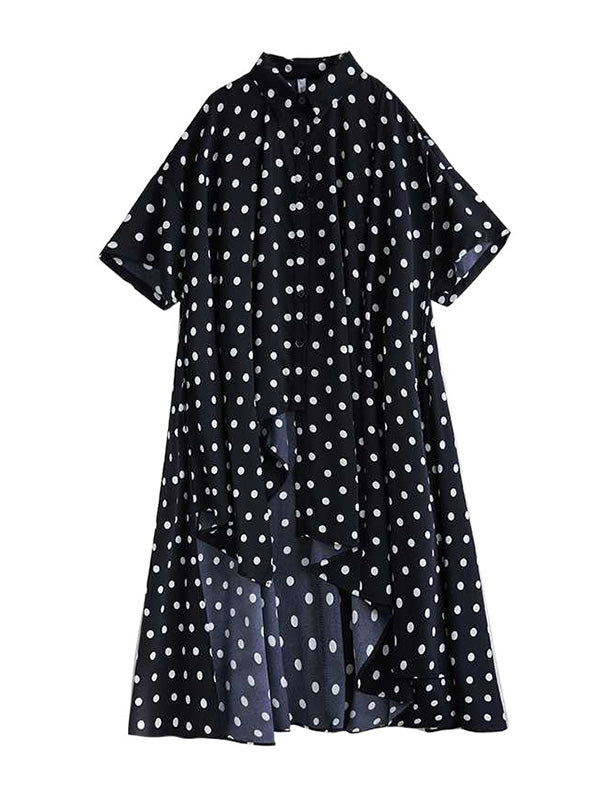 Asymmetric Buttoned Polka-Dot A-Line High-Low Lapel Shirt Dress Midi Dresses