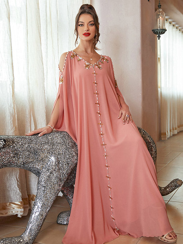 Vacation Loose Solid Color V-Neck Dress