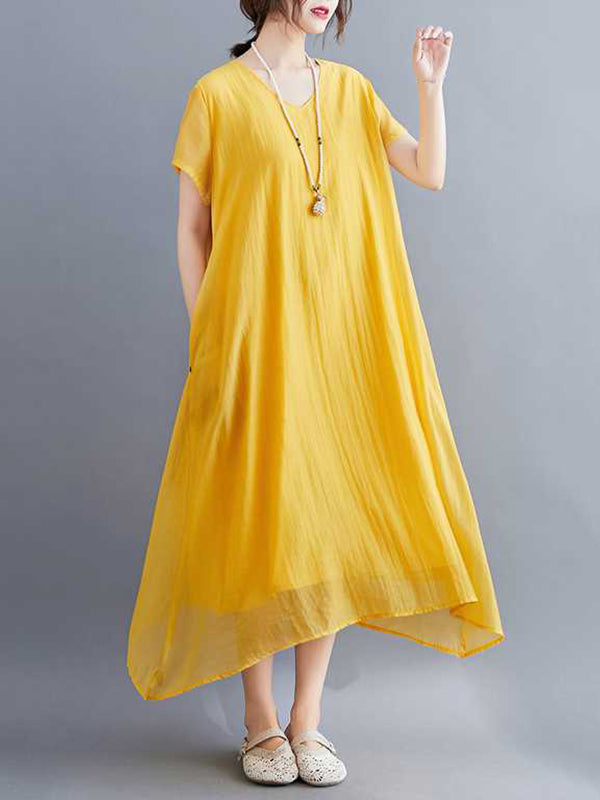 Solid Color A-Line Loose V-Neck Midi Dresses