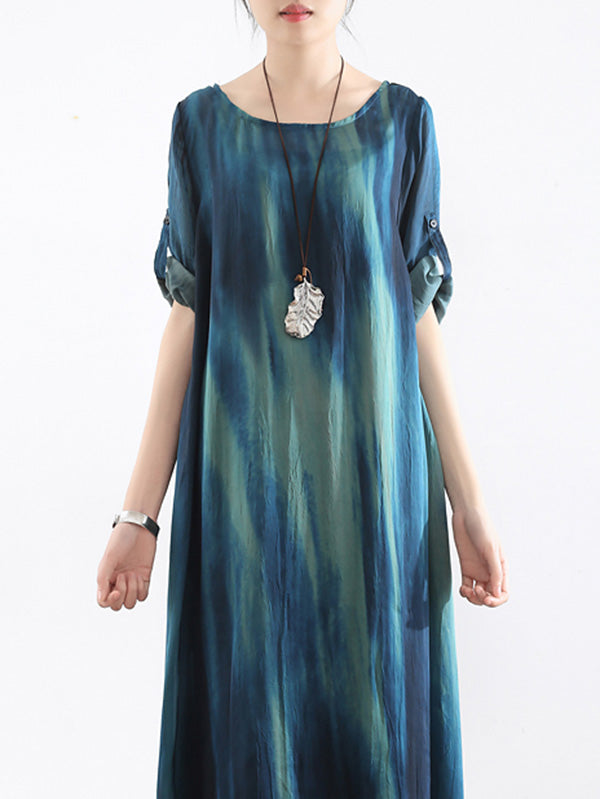 Artistic Retro 2 Pieces Printed Round-Neck Loose Maxi Dress
