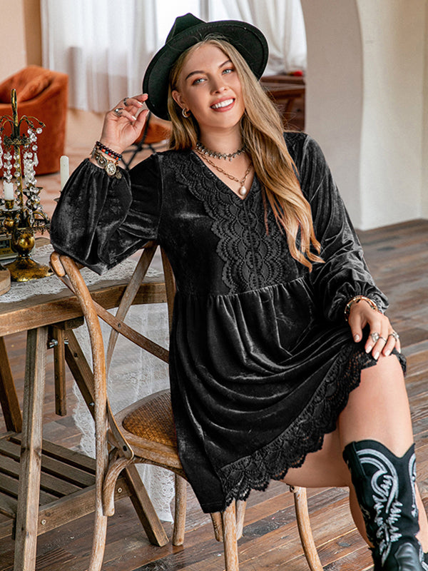 Vacation A-Line Puff Sleeves Solid Color V-Neck Mini Dresses