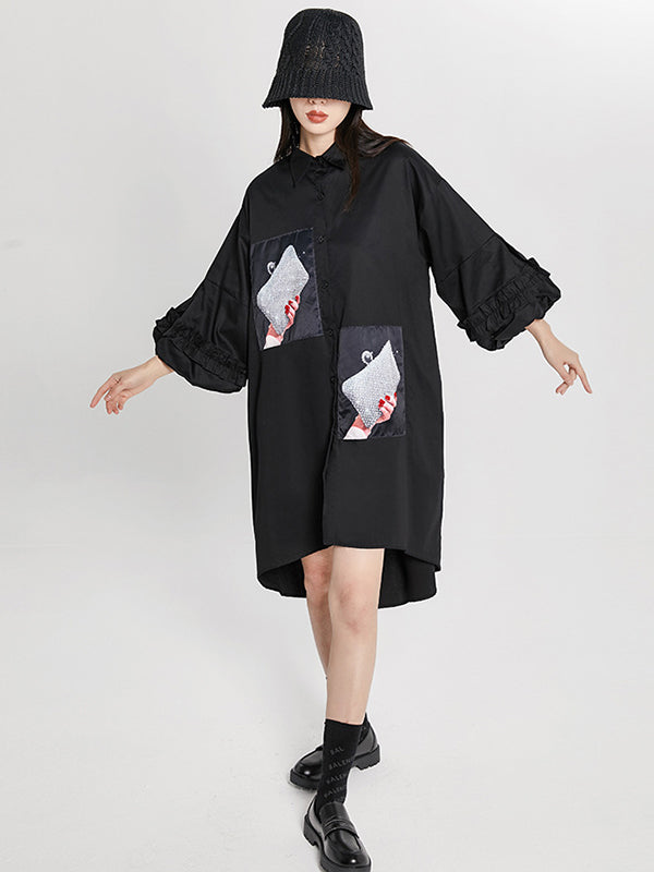 Loose High-Low Irregular Applique Shirt Dress Midi Dress
