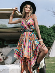 Bohemia Loose Irregularity Floral Printed V-Neck Mini Dresses
