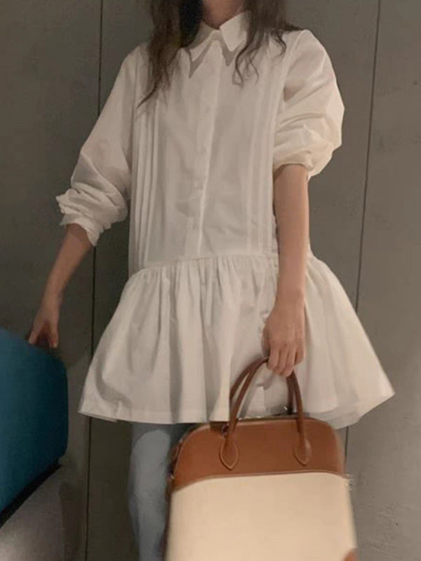Buttoned Pleated Solid Color A-Line Long Sleeves Lapel Shirt Dress Mini Dresses