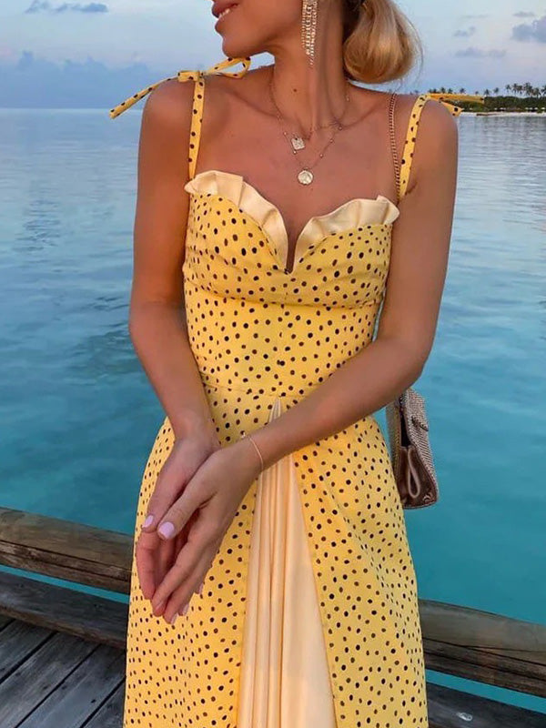 Color-Block Splicing Paghetti-Neck Elegant Pleated Maxi Dresses