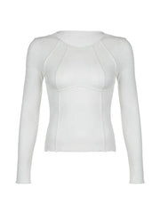 Solid Rib Seam Detail Long Sleeve Knit