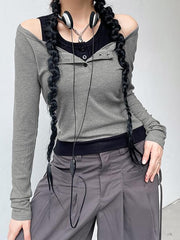 Long Sleeve Mock Two Piece Color-Block Crop Top