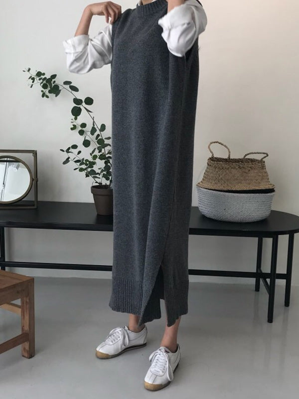 Urban Loose Sleeveless Solid Color Round-Neck Midi Dresses Sweater Dresses