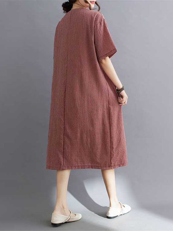 Plaid Pleated Split-Joint A-Line Half Sleeves V-Neck Midi Dresses