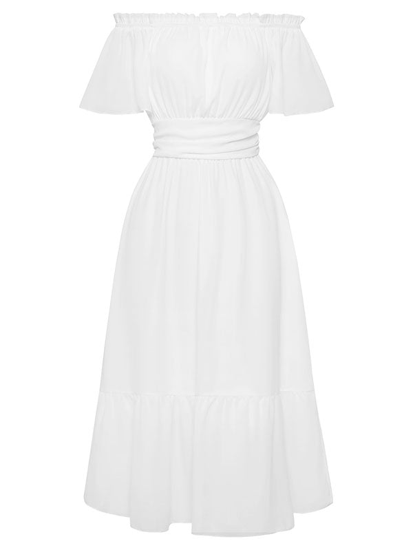 Vacation Short Sleeves A-Line Solid Color One-Shoulder Midi Dress
