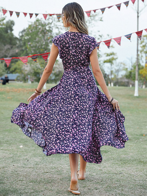 Vacation Irregularity Floral V-Neck Dress