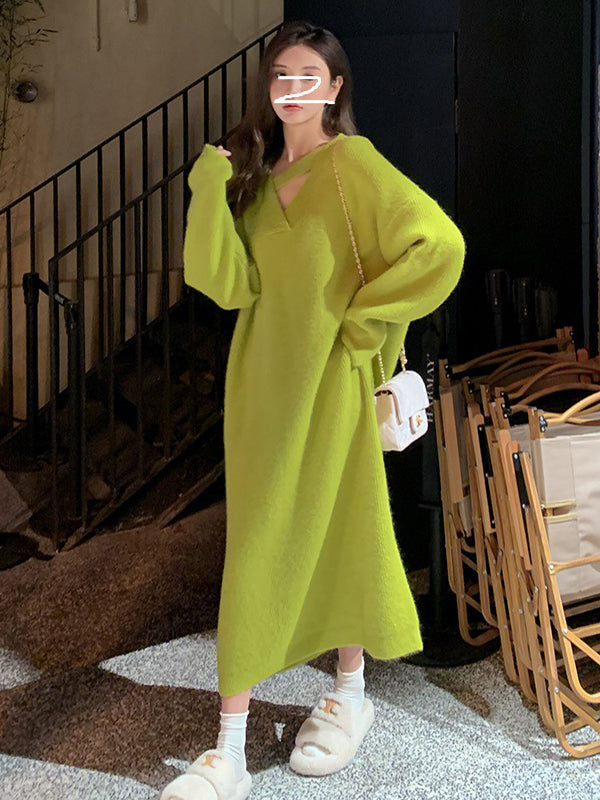 Urban Loose Long Sleeves Solid Color V-Neck Sweater Dresses