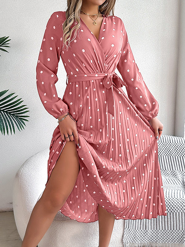 Elasticity Pleated Polka-Dot Split-Joint Tied Waist A-Line High Waisted V-Neck Shirt Dress Midi Dresses