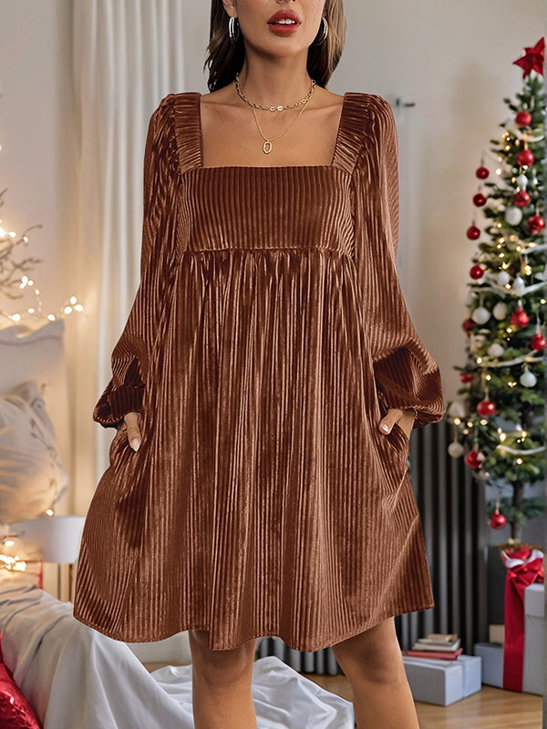 Pleated Shiny Solid Color Tied Velvet A-Line Long Sleeves Square-Neck Mini Dresses