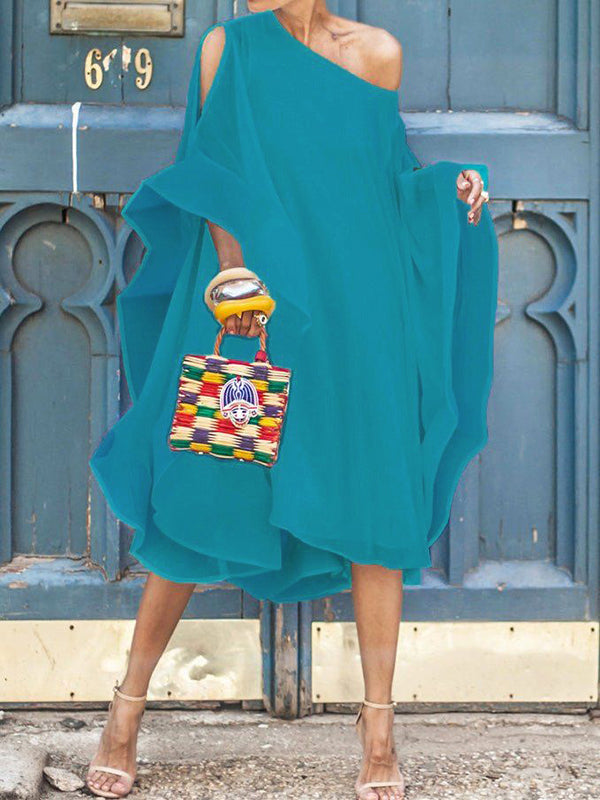 Asymmetric Solid Color Batwing Sleeves Cold shoulder Midi Dresses