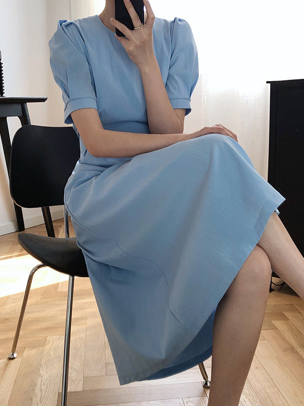 Original Creation Loose Short Sleeves Solid Color Round-Neck Midi Dresses