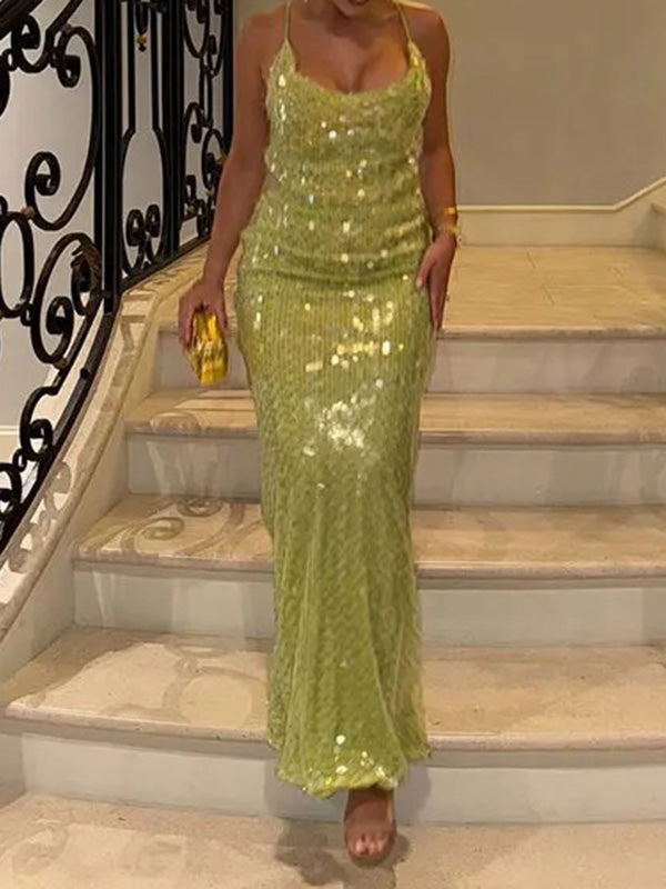 Shiny Sequinned Spaghetti-Neck Backless Sexy Maxi Dresses