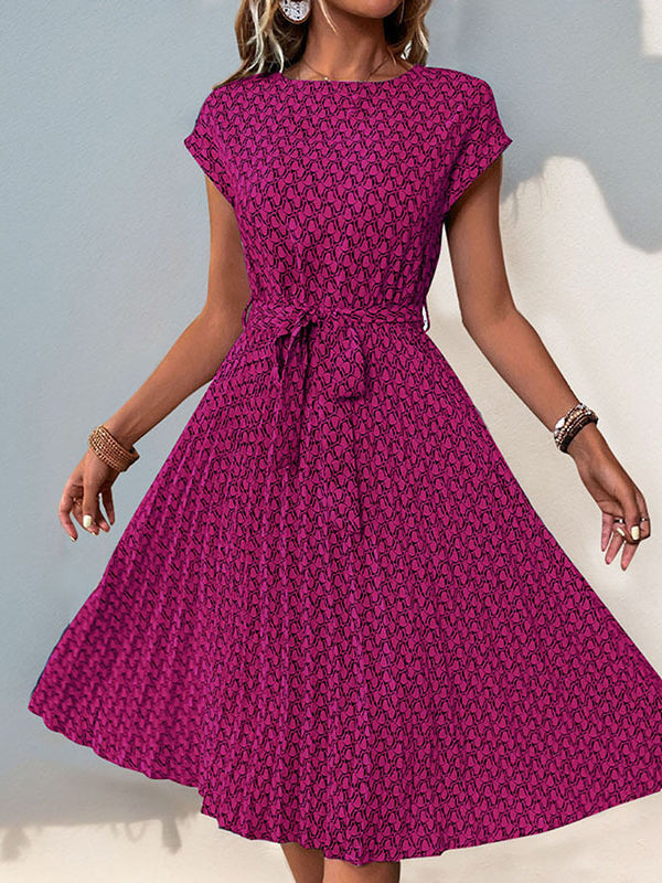 Printed Tied Waist Loose Raglan Sleeve Round-Neck Midi Dresses