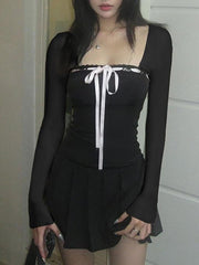 Long-Sleeve Square Neck Mini Pleated Dress