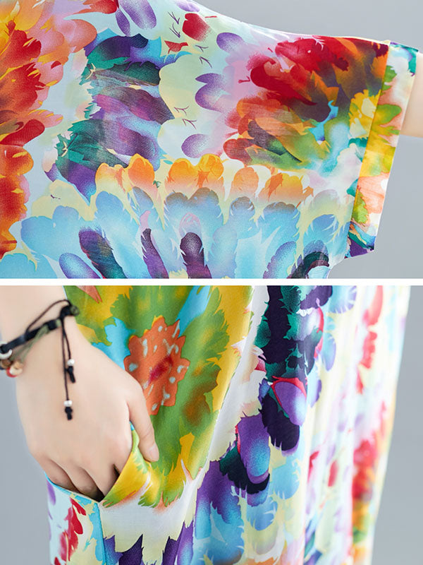 Vintage Loose Tie-Dyed Batwing Sleeves V-Neck Maxi Dress
