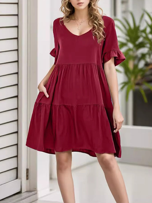 Pleated Pockets Ruffled Solid Color Split-Joint A-Line Flared Sleeves Round-Neck Mini Dresses