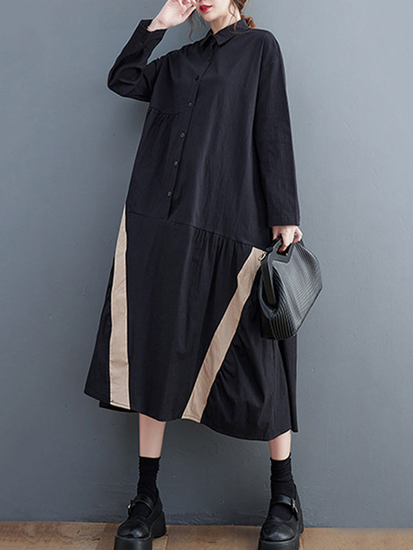 Artistic Retro Loose Long Sleeves Buttoned Contrast Color Striped Split-Joint Lapel Collar Midi Dresses