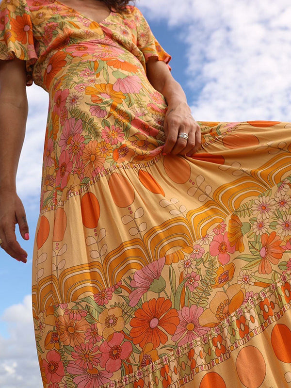 Bohemia Half Sleeves Floral Printed Deep V-Neck Maxi Dress