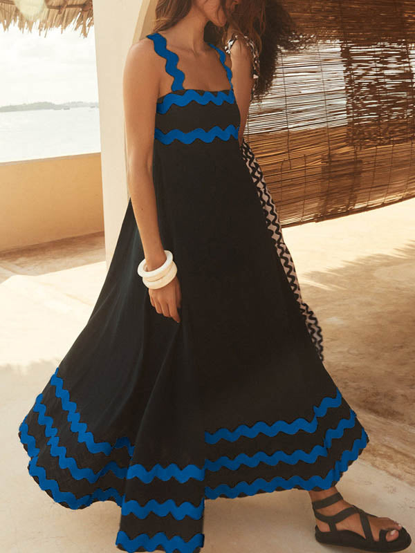 Contrast Color Zipper A-Line High Waisted Square-Neck Midi Dresses