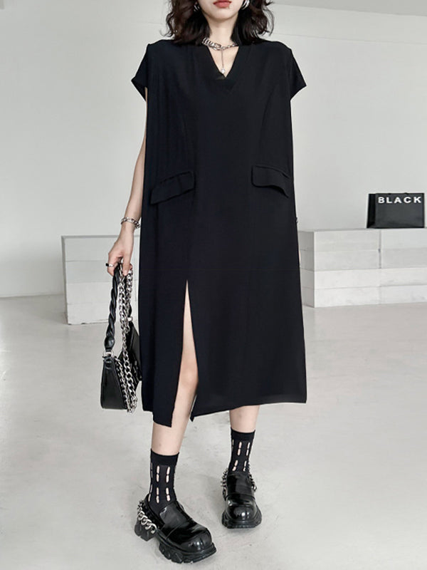 Asymmetric Solid Color Split-Joint Split-Side Loose Short Sleeves V-Neck Midi Dresses