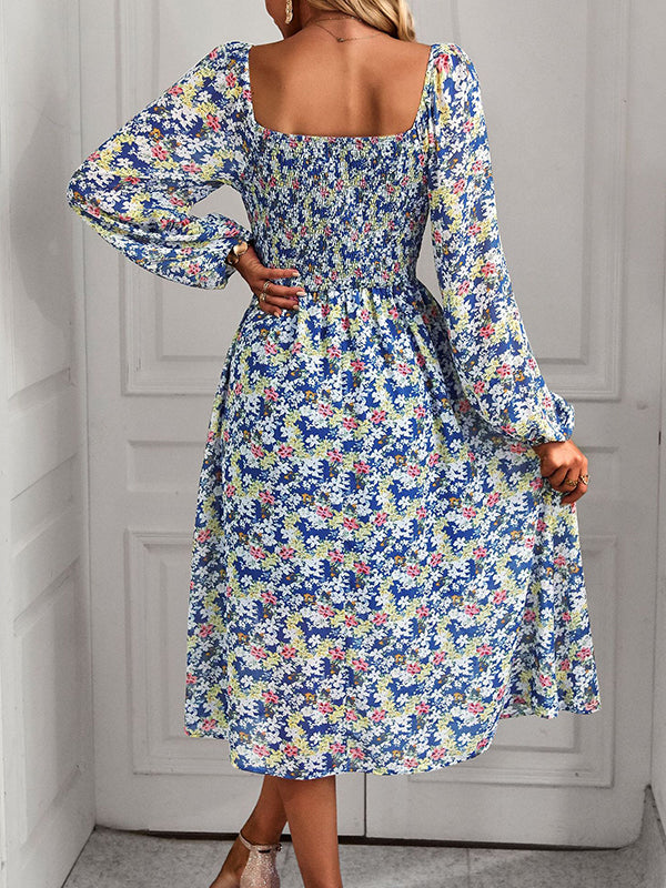 Vacation Loose Long Sleeves Floral Printed U-Neck Midi Dress