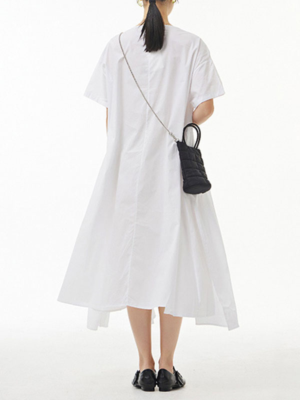 Solid Color Streamer Loose Short Sleeves Round-neck Midi Dresses