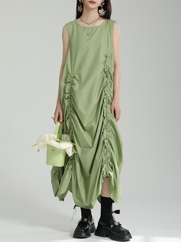 Asymmetric Elasticity Pleated Solid Color Loose Sleeveless Round-Neck Midi Dresses