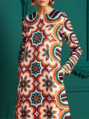Contrast Color Flower Print Long Sleeves Round-Neck Midi Dresses
