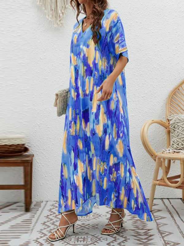 Contrast Color High-Waisted Printed Loose Short Sleeves V-neck Maxi Dresses