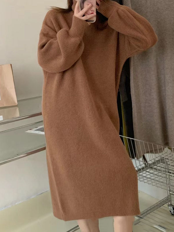 Solid Color Long Sleeves Loose High Neck Sweater Dresses Midi Dresses
