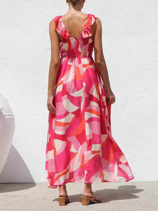 Flower Printed Sleeveless V-Neck Ruffled Elegant Maxi Dresses