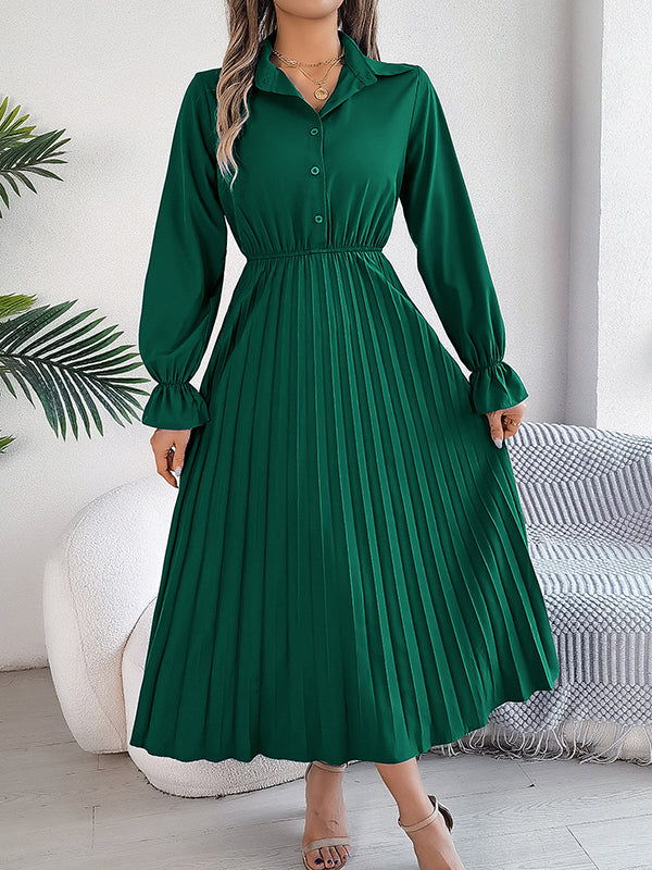 Buttoned Elasticity Pleated Solid Color A-Line Flared Sleeves Lapel Maxi Dresses