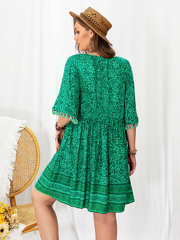 Vacation A-Line Loose Tasseled V-Neck Mini Dress