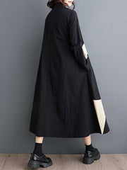 Buttoned Pockets Printed A-Line Long Sleeves Lapel Shirt Dress Midi Dresses