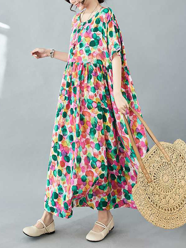 Pleated Polka-Dot Printed Split-Joint Half Sleeves Loose Round-Neck Midi Dresses