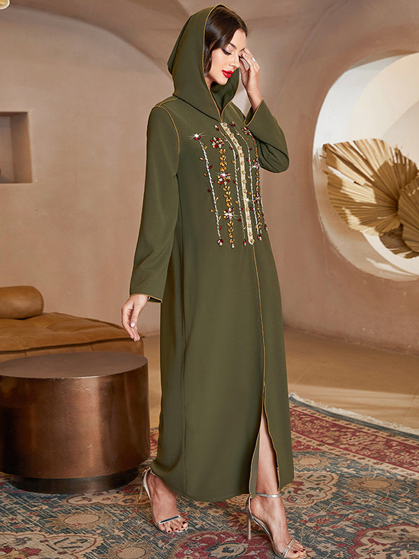 Casual Loose Long Sleeves Sequined Solid Color Hooded Dress