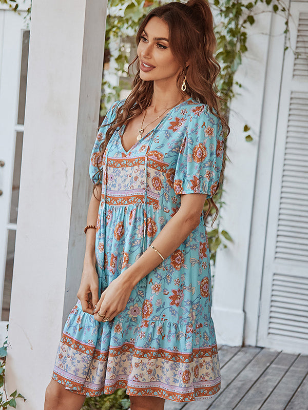 Bohemia High Waisted Floral V-Neck Dress