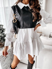 Contrast Color Pleated Split-Joint Long Sleeves Loose Lapel Mini Dresses