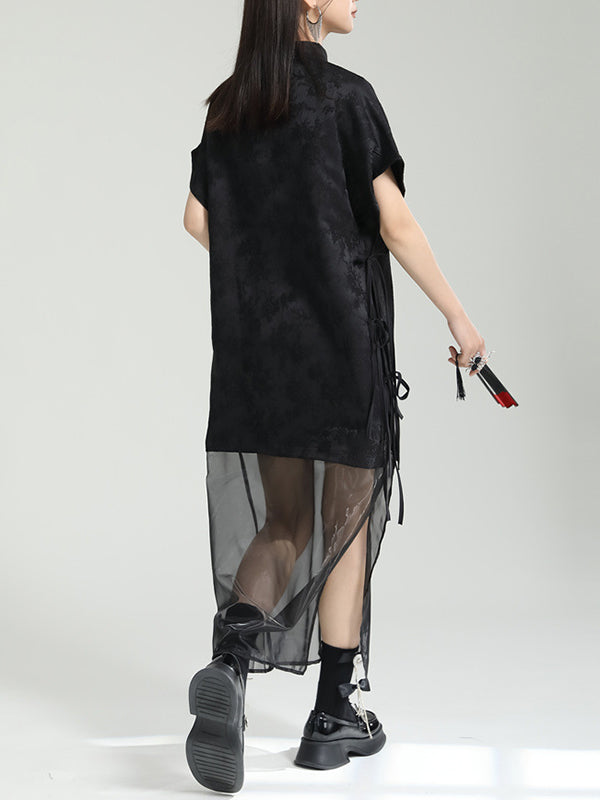 Gauze Jacquard Solid Color False Two Short Sleeves Stand Collar Midi Dresses Long Cheongsams