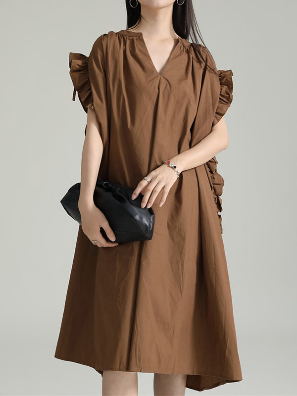 Adjustable Drawstring Pleated Solid Color Loose Raglan Sleeve V-Neck Shirt Dress Midi Dresses