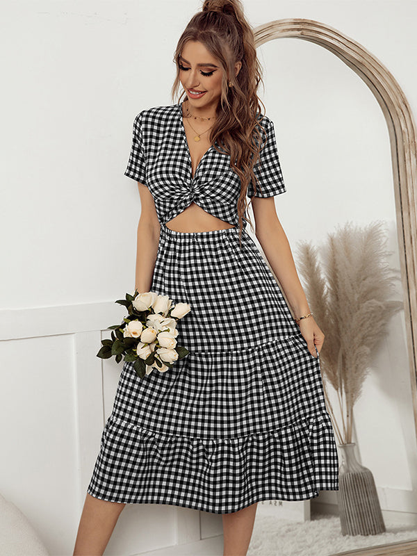 Vacation A-Line Plaid Hollow Midi Dresses