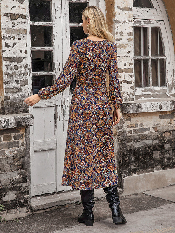 Vacation Long Sleeves Wrap Lace-Up V-Neck Midi Dress